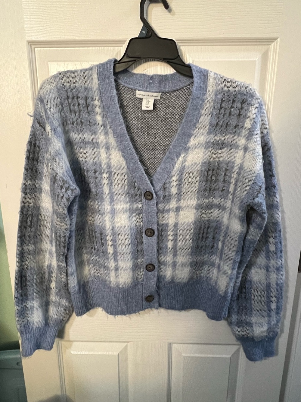 Cupcakes and Cashmere light blue and white plaid button-down cardigan sweater M